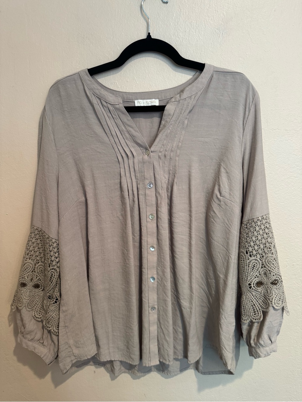 fig and flower Taupe Crochet-Sleeve Button Front Blouse